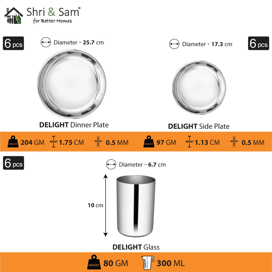 Stainless Steel Delight Solid Dinner Set Of 36 Pieces, Silver | 6 Dinner Plates+ 6 Side Plates+ 6 Glasses+ 6 Bowls+ 6 Dessert Spoons+ 6 Dessert Fork - Easy To Clean & Dishwasher Safe