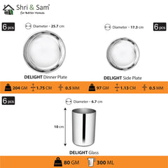 Stainless Steel Delight Solid Dinner Set Of 36 Pieces, Silver | 6 Dinner Plates+ 6 Side Plates+ 6 Glasses+ 6 Bowls+ 6 Dessert Spoons+ 6 Dessert Fork - Easy To Clean & Dishwasher Safe