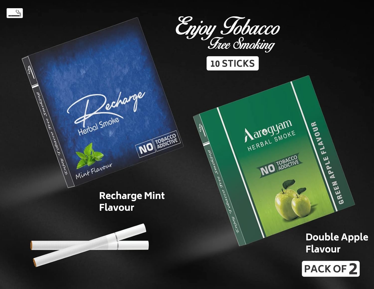 Aarogyam Herbals Pack Of 2 Flavours 100% Tobacco & Nicotine Free Cigarette For Relieve Stress & Mood Enhance Product Green Apple, Recharge - 10 Sticks X 2 Packets
