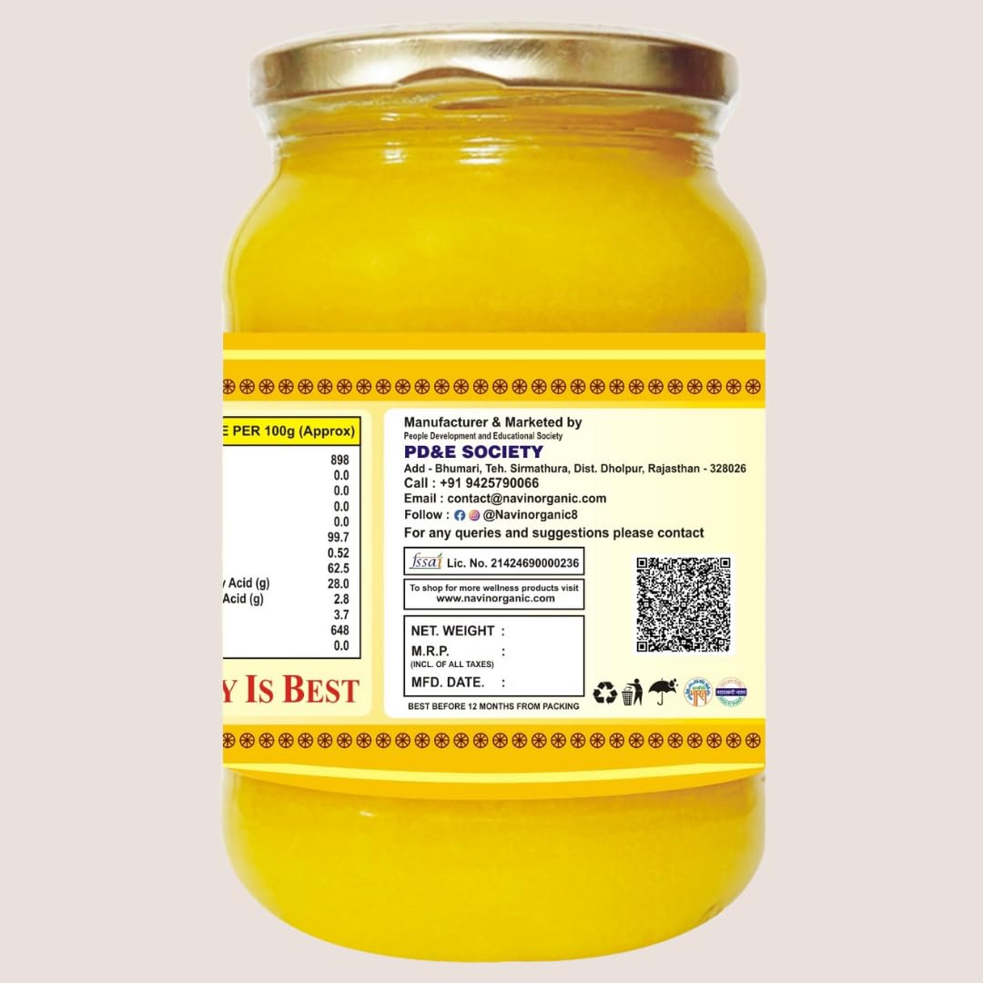 100% Natural A2 Desi Cow Bilona Ghee By Navin Organic | Rich In Nutrients & Delicious Healthy Desi Cow Ghee Good For Overall Health | (1 Litr) 33.8 Ounce | Jar Pack