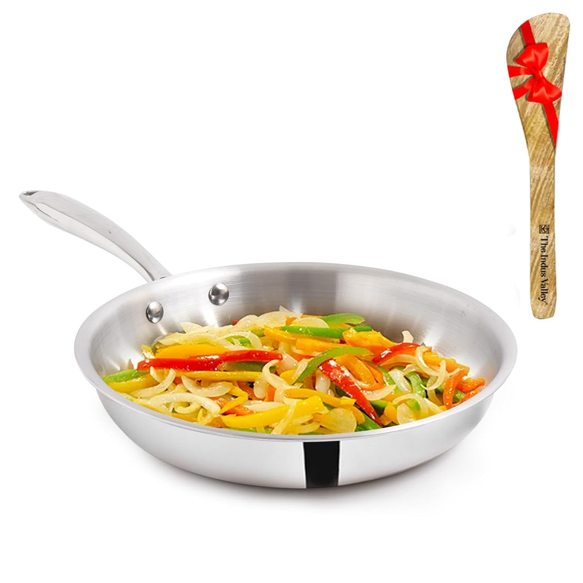 Triply Stainless Steel Fry Pan With Free Wooden Spatula For 2-3 People - Medium, 24cm, 9.4 Inch, 1.7 Liters, 1 Kg | Induction Friendly, Nonstick 3-Layer Body, Toxin-Free, No Chemical Coating