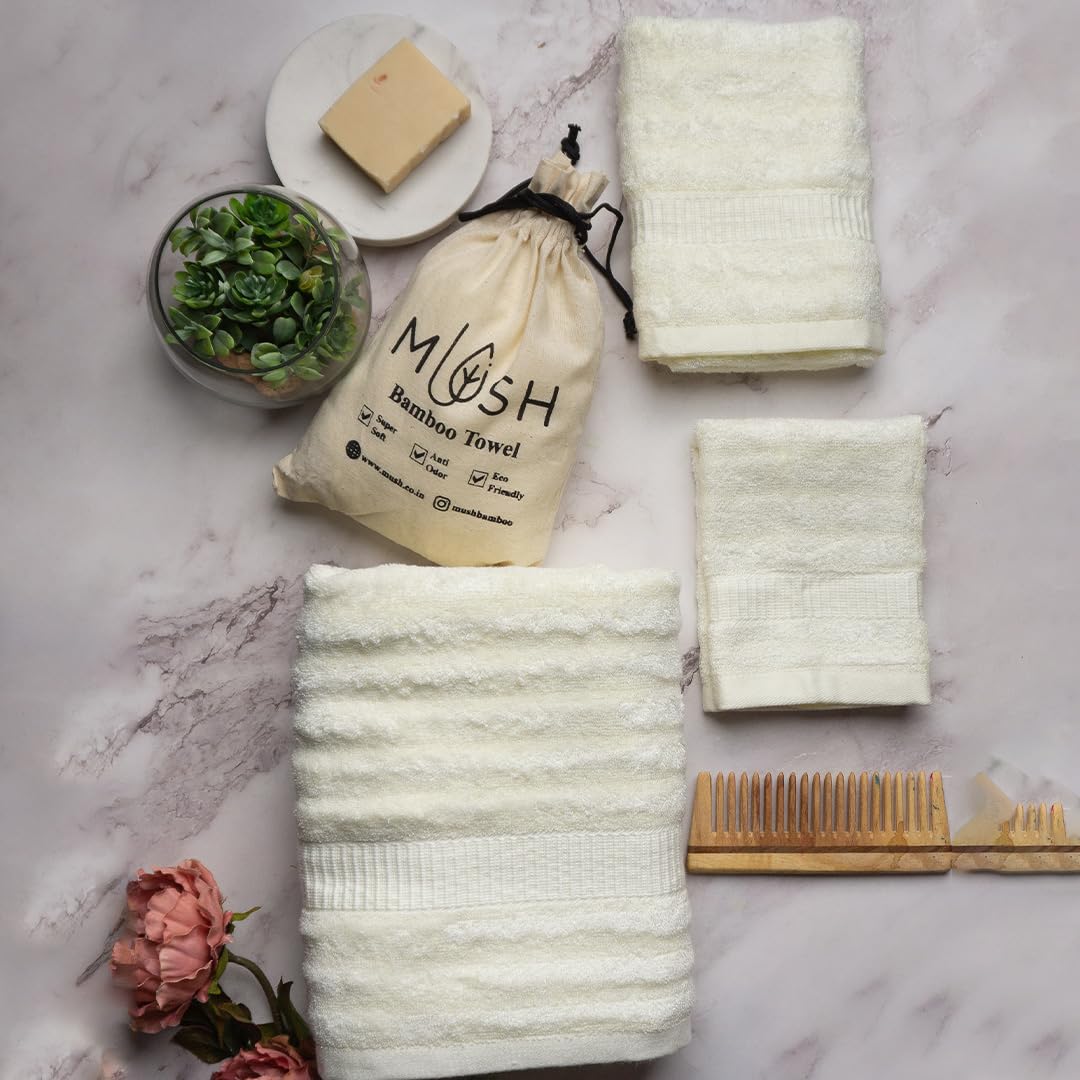 Mush Bamboo Luxurious 4 Bath + 4 Hand & 4 Face Towel 3600 Gsm | Ultra Soft, Absorbent & Antimicrobial Towel (Cream, Pink, Golden, & Olive) -12 Piece