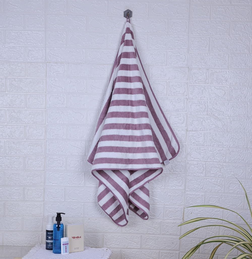 Mjn Microfiber Bath Towels Strip 310 Gsm | Extra Soft Plush & Quick Dry High Absorbency Large Size Towels For Bathing (Wine line)
