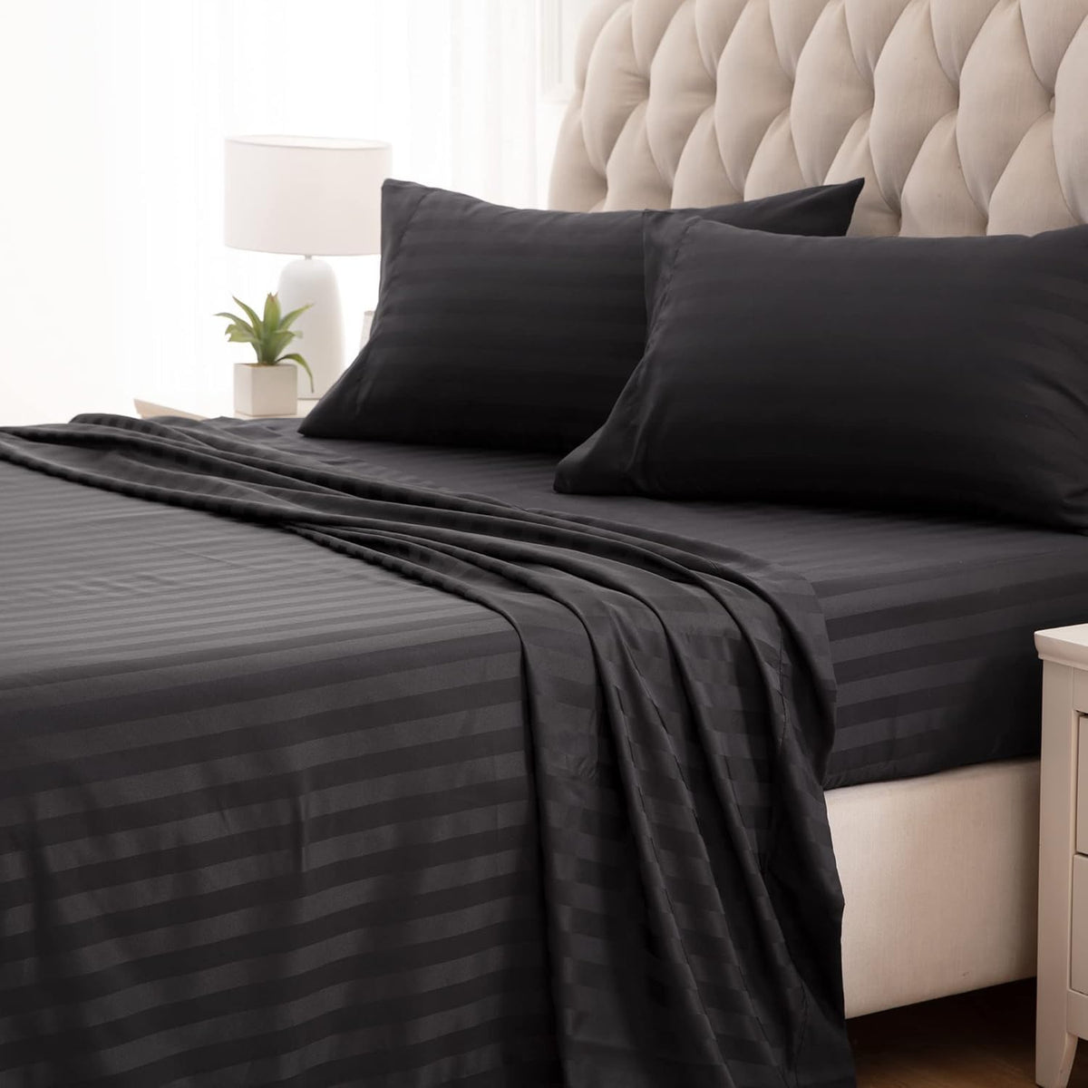 Striped King Size Fitted Bedsheet With 2 Pillow Cover - 72 X 78 + 12 Inches, Black | Comfortable, Wrinkle Resistant, Fade Resistant & Environmentally Friendly
