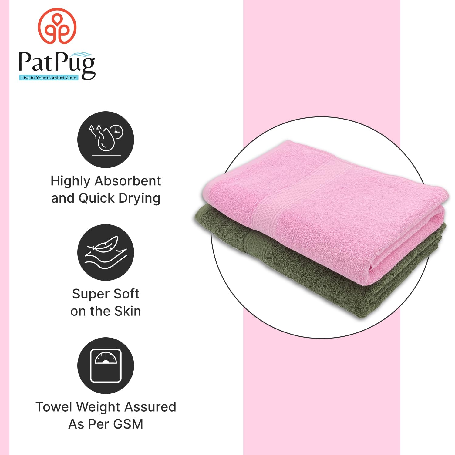 PatPug 100% Indian Ultra Soft Cotton 450 Gsm Bath Towel Large Bath Towel | Highly Absorbent Quick Drying Durable Towel For Men, Women & Kids (Olive Green & Baby Pink)