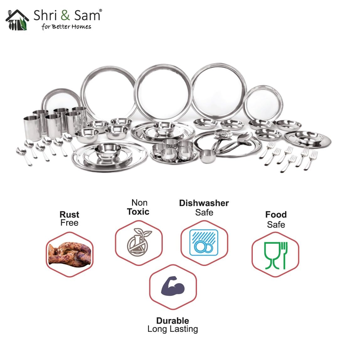 Stainless Steel Shagun Solid Dinner Set Of 50 Pcs, Silver | Ideal For 6 People - Dishwasher Safe