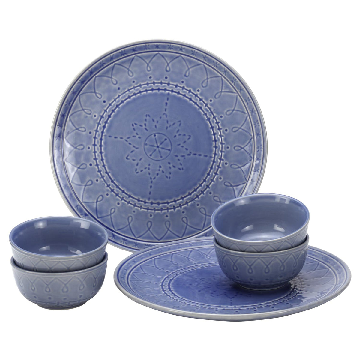 Handcrafted Stoneware Embossed Ceramic Dinner Set Of 6 Pcs - Mist Blue | 2 Dinner Plates + 4 Small Dinner Bowls, 180ml Each - Microwave & Dishwasher Safe