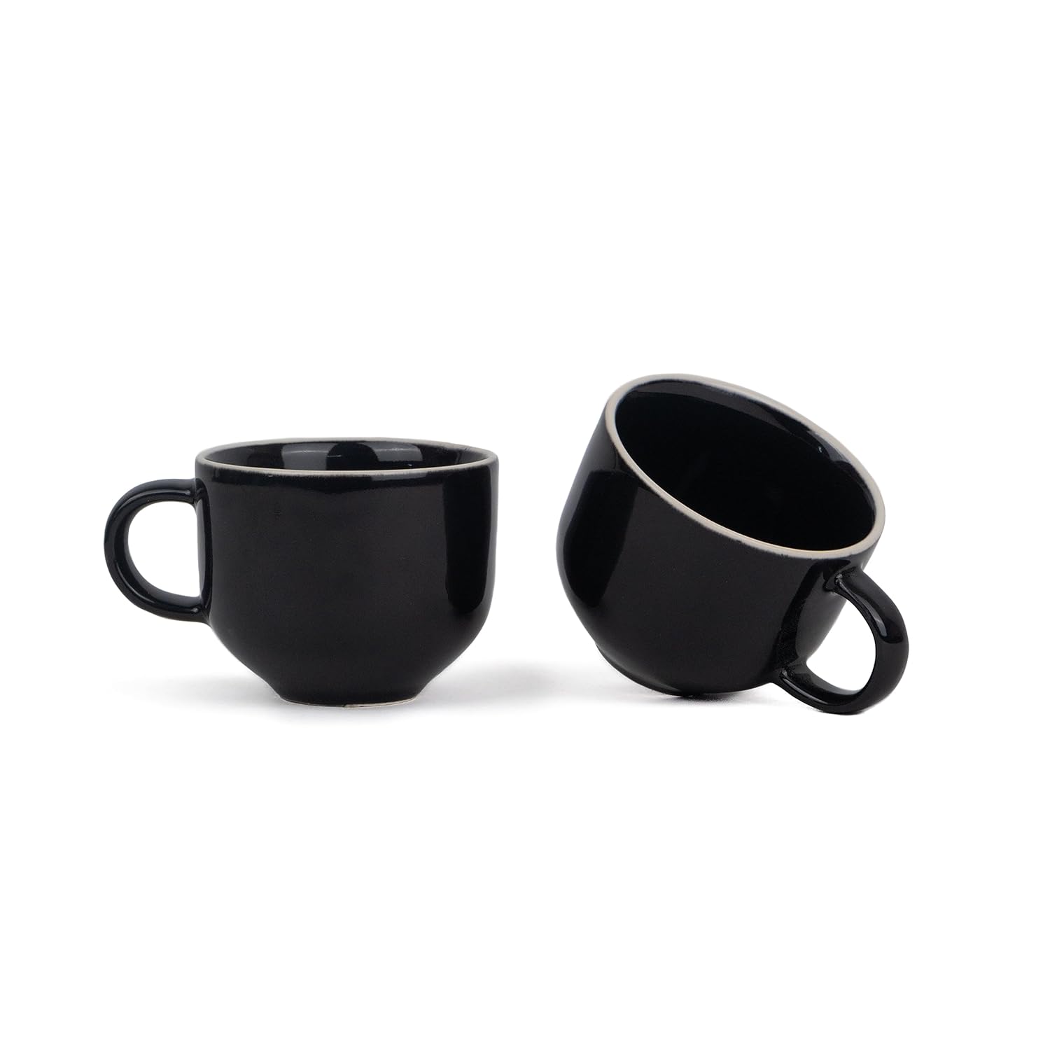 Ceramic Tea Cups Set Of 6 - Black Rim, 200ml Each, Tea Cup Set Of 6 | Premium Stoneware Tea Set With Glossy Finish - Ceramic Tea Cup | Small Cups For Tea - Microwave Safe & Dishwasher Safe