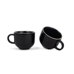 Ceramic Tea Cups Set Of 6 - Black Rim, 200ml Each, Tea Cup Set Of 6 | Premium Stoneware Tea Set With Glossy Finish - Ceramic Tea Cup | Small Cups For Tea - Microwave Safe & Dishwasher Safe