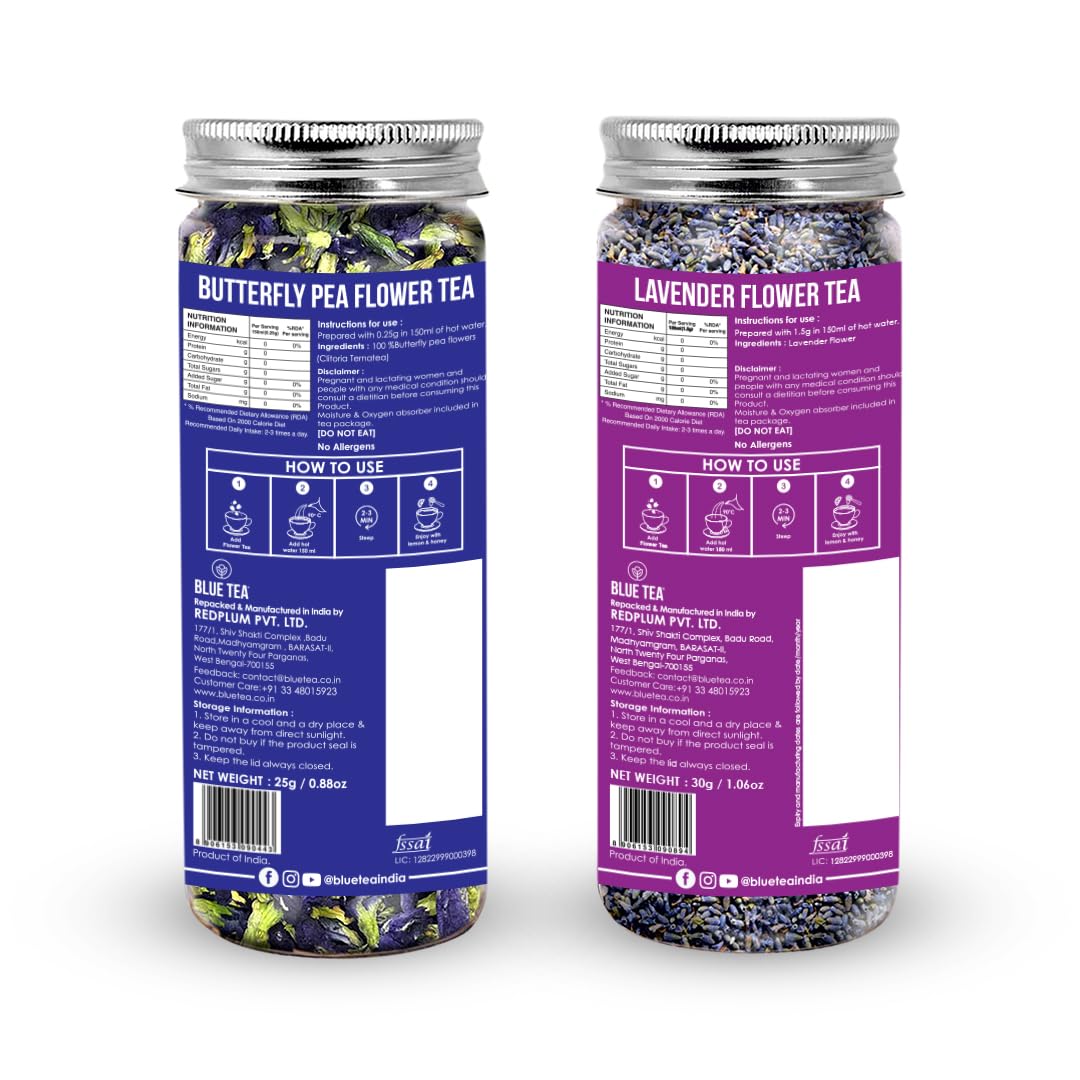 Blue Tea Combo Pack Of 2 - Butterfly Pea Flower Tea 25gm, 0.8 Ounce + Lavender Flower Tea 30gm, 1.05 Ounce | Antioxidant Rich - Caffeine Free, Gluten Free, Non GMO | Pet Jar Packaging