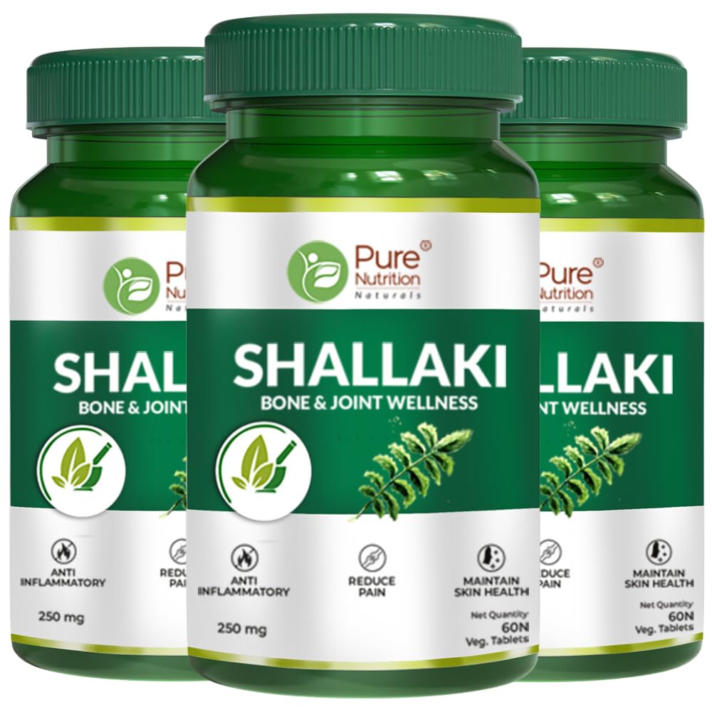 Pure Nutrition Shallaki Boswellia Serrata 250mg, Bone & Joint Health, Stiffness, Arthritis, Reduces Pain & Inflammation, Helps Improve Mobility | 60 Tablets 100gm 0.2lbs Each Pack Of 3