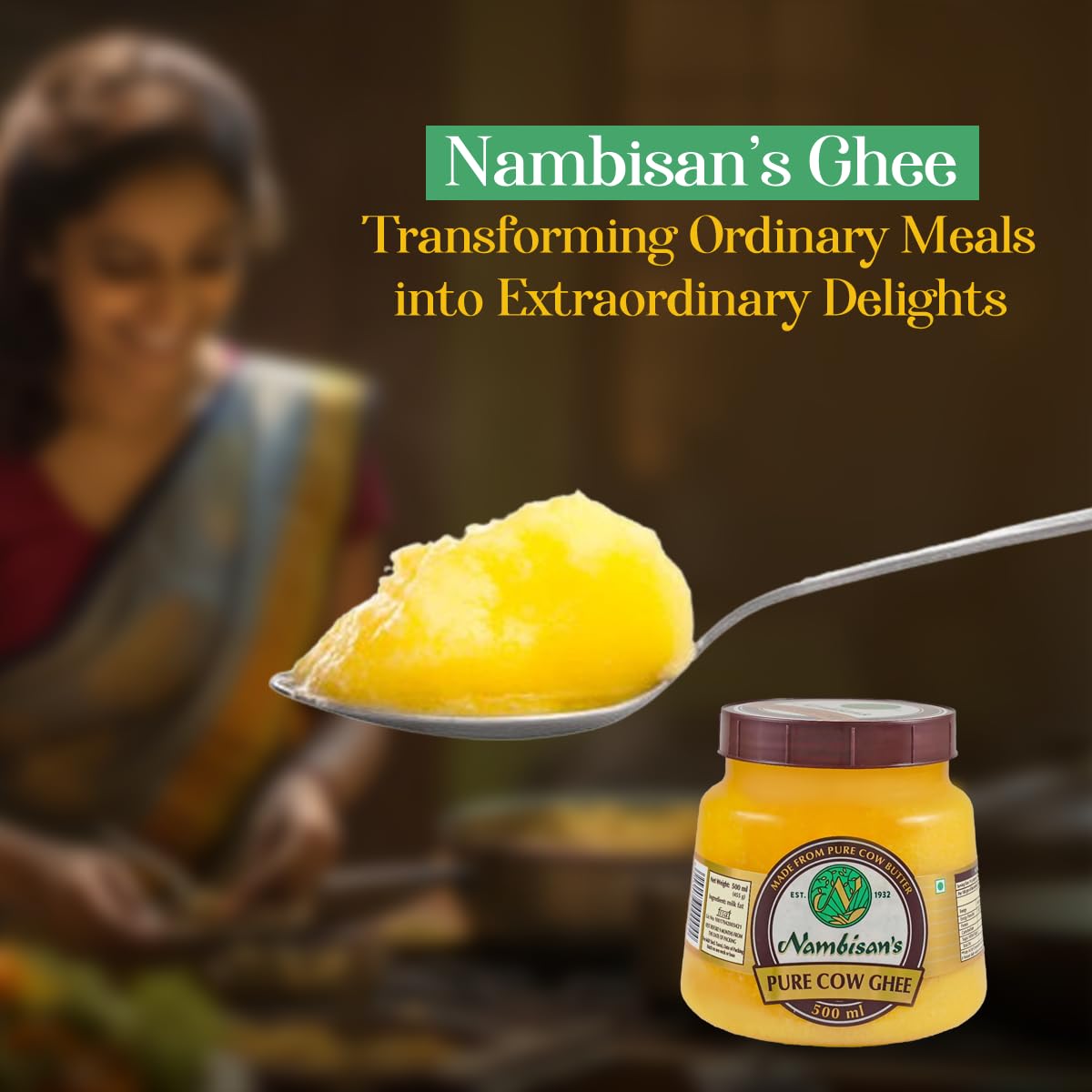 100% Pure Cow Ghee By Nambisan'S | Rich In Protein Fiber & Delicious Healthy Desi Cow Ghee For Sweets | (500ml) 16.9 Ounce | Jar Pack