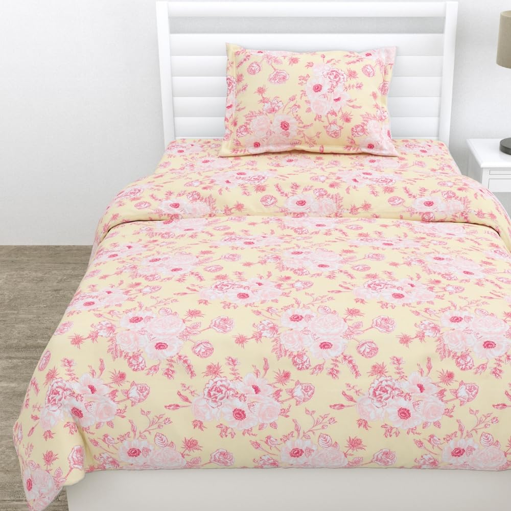 Small Single Bedsheet With 1 Pillow Cover - 57 X 88 Inches, Cream & Pink | Bedding Set Lightweight Breathable | Wrinkle-Resistant & Smooth Finish