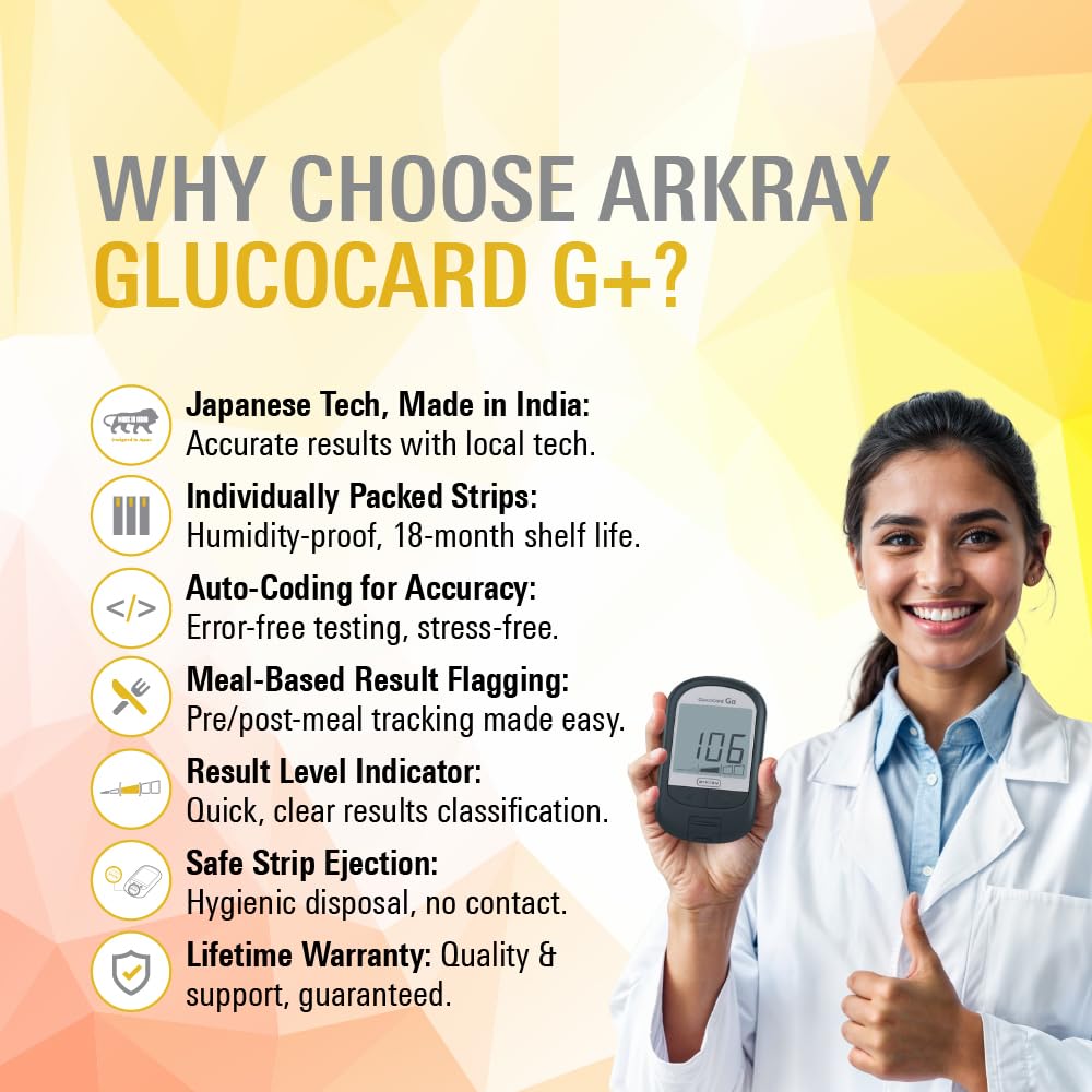 Arkray GlucoCard G+ Blood Glucose Monitor | Diabetes Kit With Free 25 Strips & 25 Trustlet Lancets + 1 Lancing Device | Japanese Technology Made In India