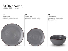 Handcrafted Ceramic Stoneware Dinner Set - Pack Of 12, Grey | 4 Dinner Plates, 10 Inch Each + 4 Small Plates, 7 Inch Each+ 4 Small Dinner Bowl, 180ml Each - Microwave & Dishwasher Safe