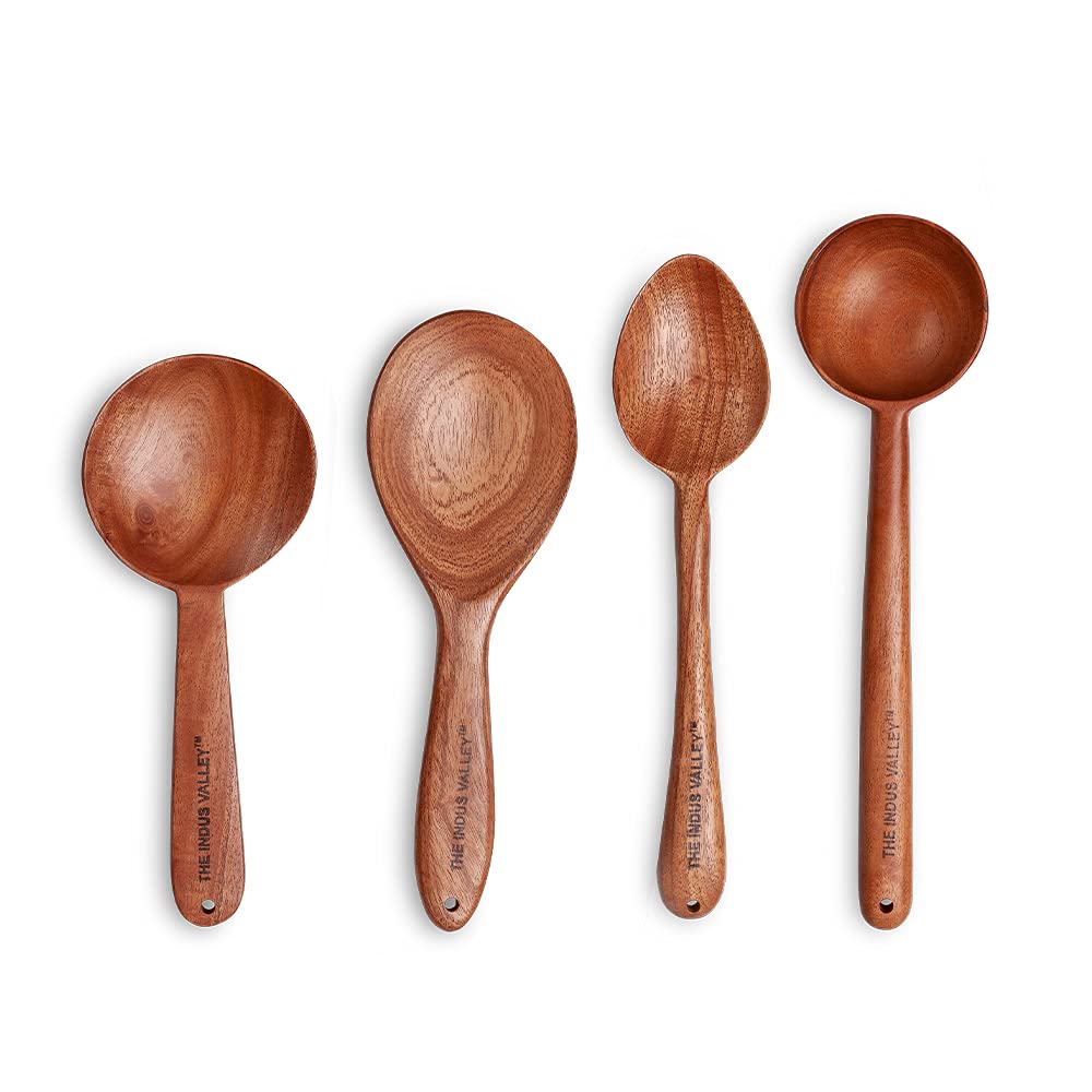 Brown Neem Wood Compact Flip, Spatula, Ladle For Cooking Dosa, Roti, Chapati | Kitchen Tools - No Harmful Polish, Naturally Non-Stick | Handmade Set Of 4