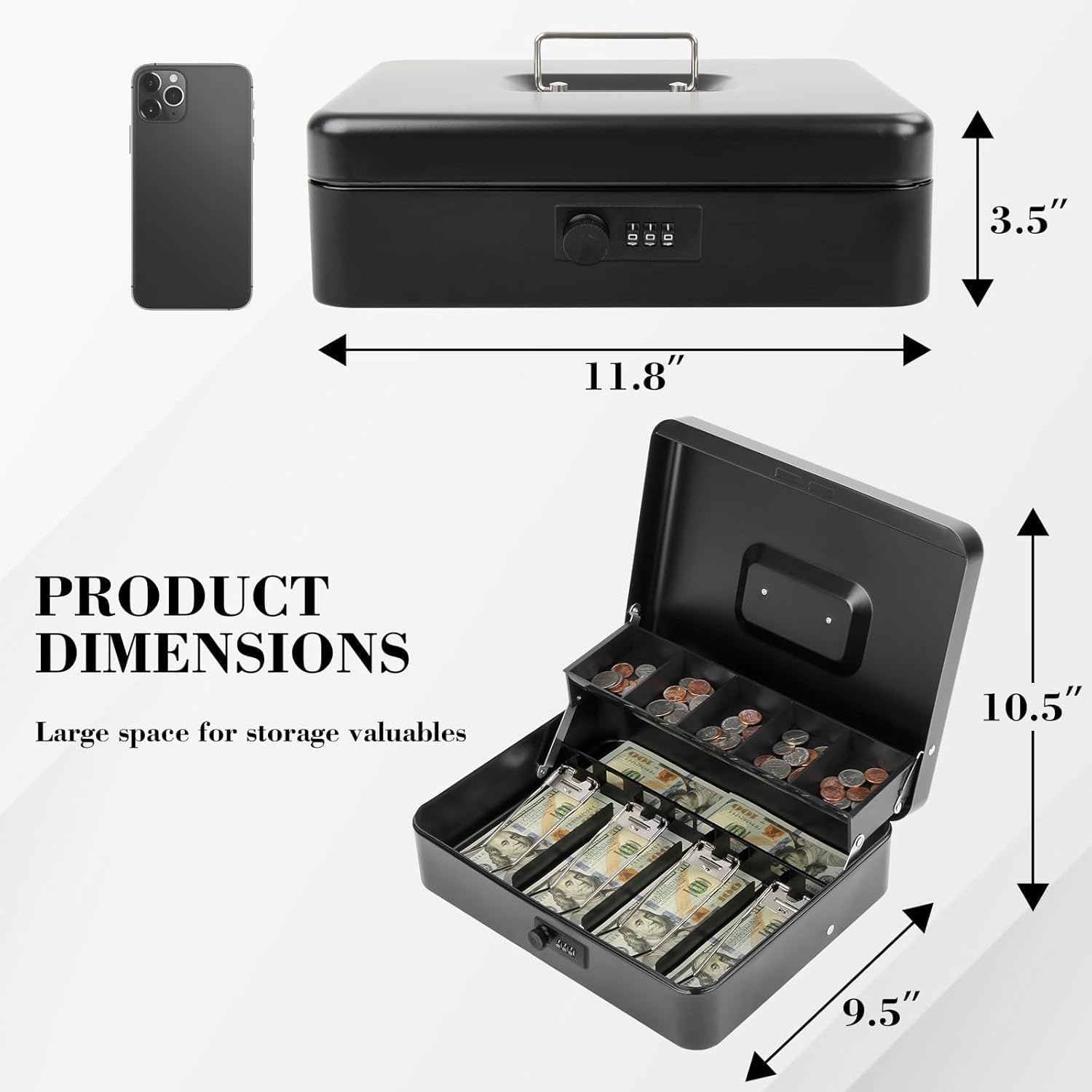 Cash Box With Combination Lock, Metal Cash Box With Money Tray, Cash Register,5 Compartments Cantilever Tray & 4 Spring - Clips For Bills,11.81"X 9.45"X 3.54" Colour - Black