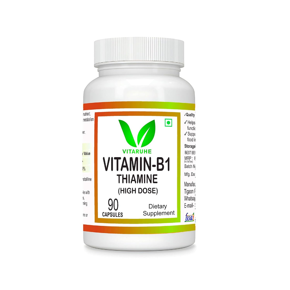 Vitaruhe Vitamin B1 (Thiamine) High Dose , Energy, Immune, Muscle, Nervous System | 90 Capsules , 150gm 0.3lbs