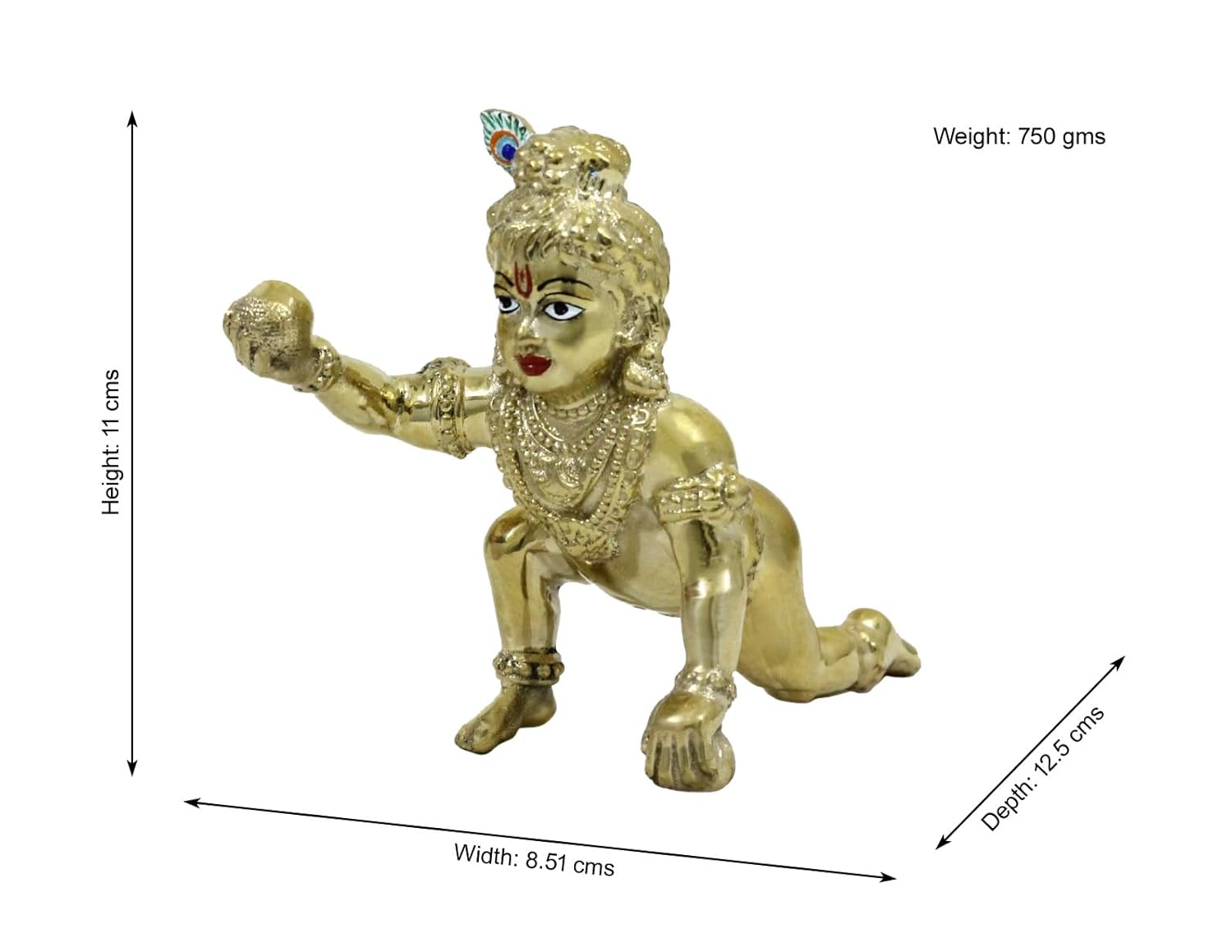 Laddu Gopal Kanha Ji, Bal Krishna Murti, Gold, Brass, Idol - 3.10 Inches, Handmade, Ideal For Pooja, Home Décor, Worship & Gifting Purposes, Use Soft Dry Cloth To Clean, Idol