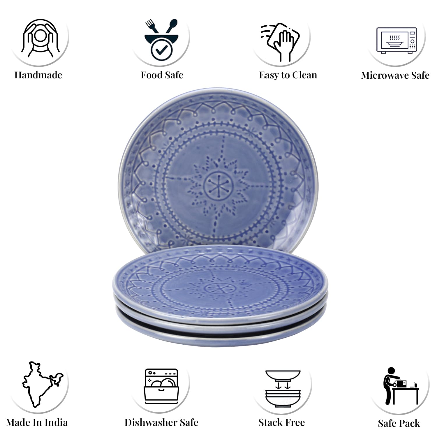 Ceramic Hand Glazed Stoneware Embossed Small Plates Set Of 4 - 7.4 Inch, Mist Blue | Microwave Safe & Dishwasher Safe – Handcrafted Quarter Plates Set