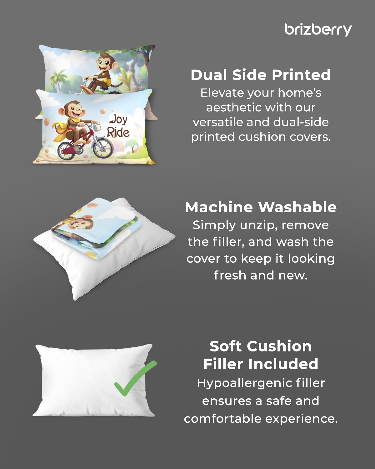 Kids Pillow Cushion With Super Soft Fabric, Animal & Cartoon Prints - 12x18 Inches | Dual Sided Design, Durable & Easy Care | Large & Versatile, Multi-Purpose, Made In India - Design 26