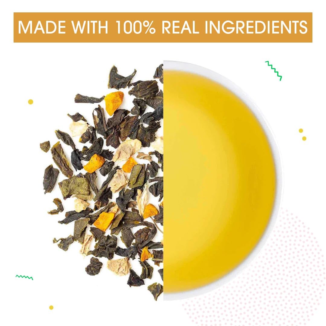 Teabox Turmeric Ginger Tulsi Green Tea - 100gm, 3.5 Ounce | Made With 100% Whole Leaf, Natural Ginger, Turmeric & Tulsi - Flavorful & Soothing Tea | Low Caffeine, 0% Bitterness