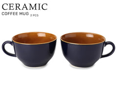 Ceramic Soup & Coffee Wide Large Mug With Handle - Set Of 2, 350ml Each, Royal Blue | Bone Ash Free & Microwave Safe - Cup For Maggi, Cappuccino, Latte, Green Tea - Glossy Finish