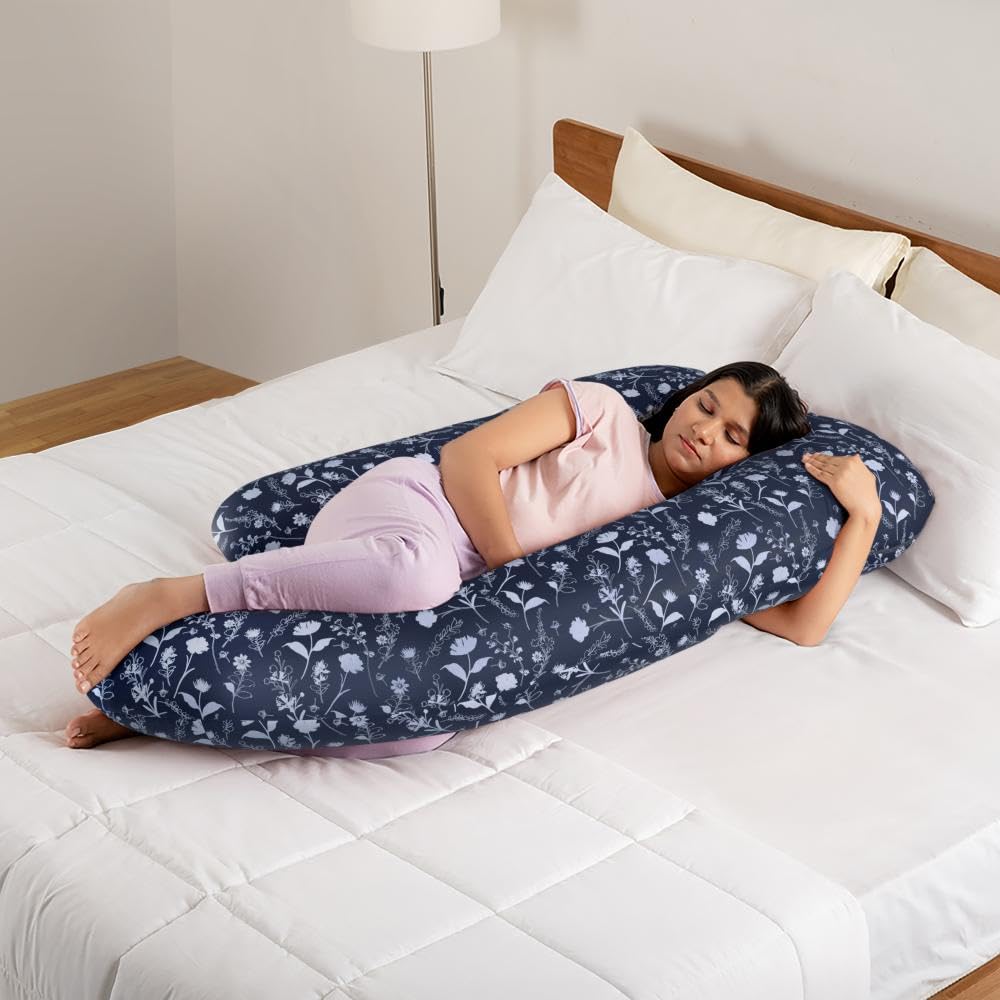 Pregnancy Pillow, G Shaped Pillow, Maternity Pillow For Sleeping - Dark Blue | 100% Cotton Pillow For Pregnant Mothers | With Breathable & No Heat Fabric | Full-Body Support For Better Sleep
