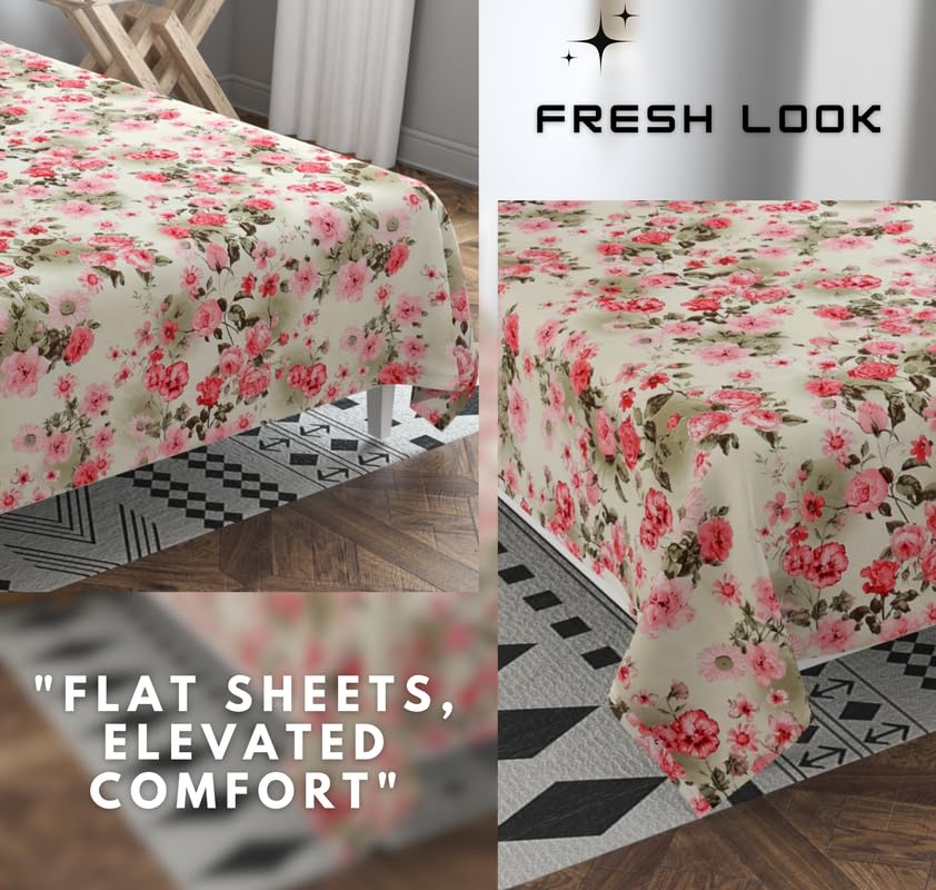100% Cotton Double Bedsheets King Size With 2 Large Size Pillow Covers | 90 X 100 Inches, Green & Pink | Soft & Breathable Premium Printed Design Bedsheet