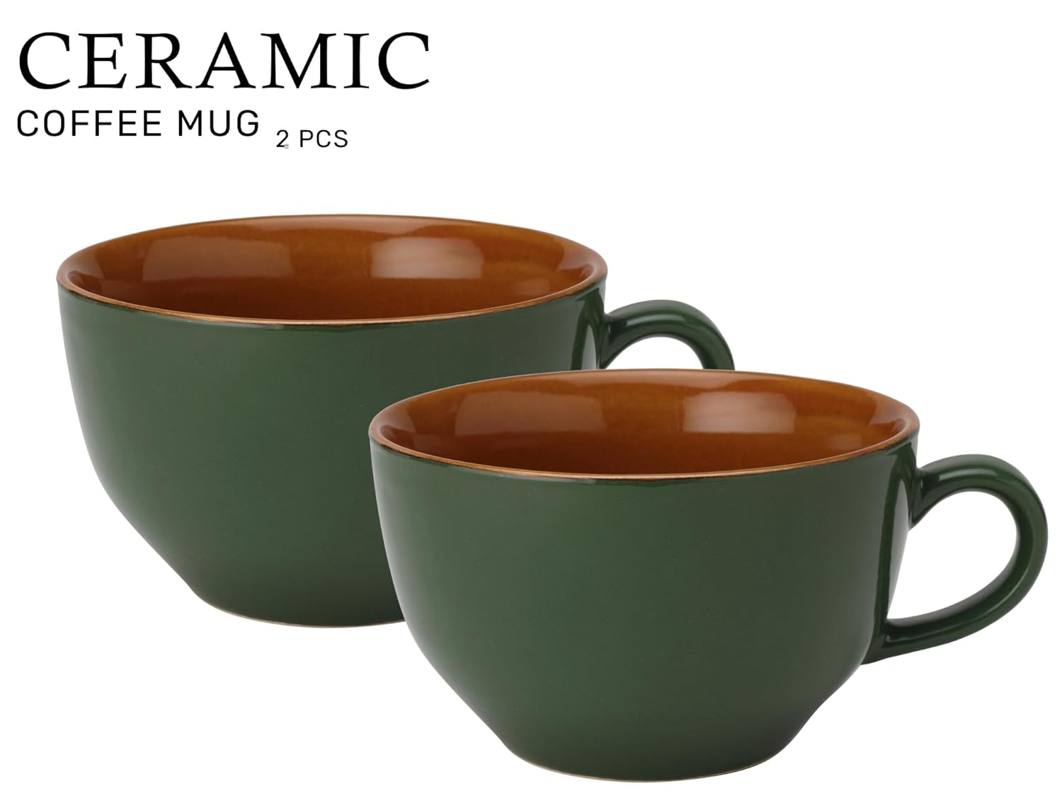 Ceramic Soup & Coffee Wide Large Mug With Handle - Set Of 2, 350ml Each, Green | Bone Ash Free & Microwave Safe - Cup For Maggi, Cappuccino, Latte, Green Tea - Matte Finish