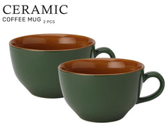 Ceramic Soup & Coffee Wide Large Mug With Handle - Set Of 2, 350ml Each, Green | Bone Ash Free & Microwave Safe - Cup For Maggi, Cappuccino, Latte, Green Tea - Matte Finish