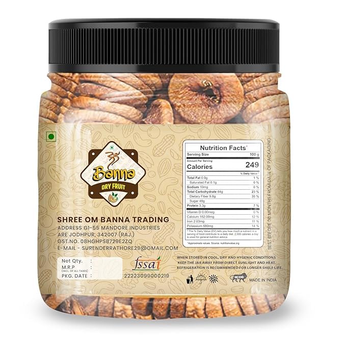 100% Natural Dried Afghani Anjeer By Om Banna 250gm, Jar Pack | Dried Figs Rich Source Of Fibre Calcium & Iron | Low In Calories Fat Free | 8.8 Ounce