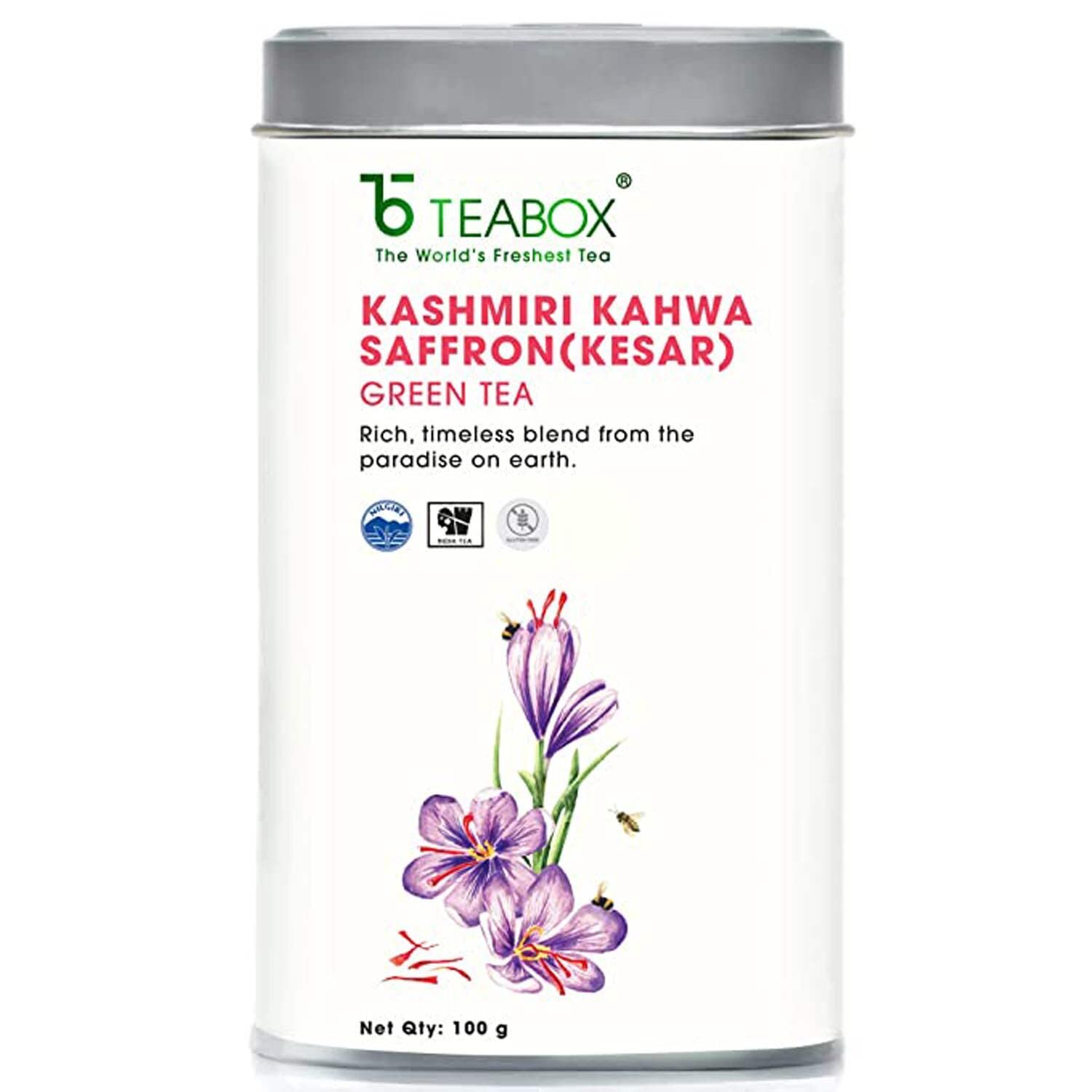 Teabox Fresh Kashmiri Kahwa Saffron (Kesar) Green Tea - 100gm, 3.5 Ounce | Green Tea Hand Blended With Natural Saffron, Almond, Cardamom & Cloves - 100% Natural Ingredients