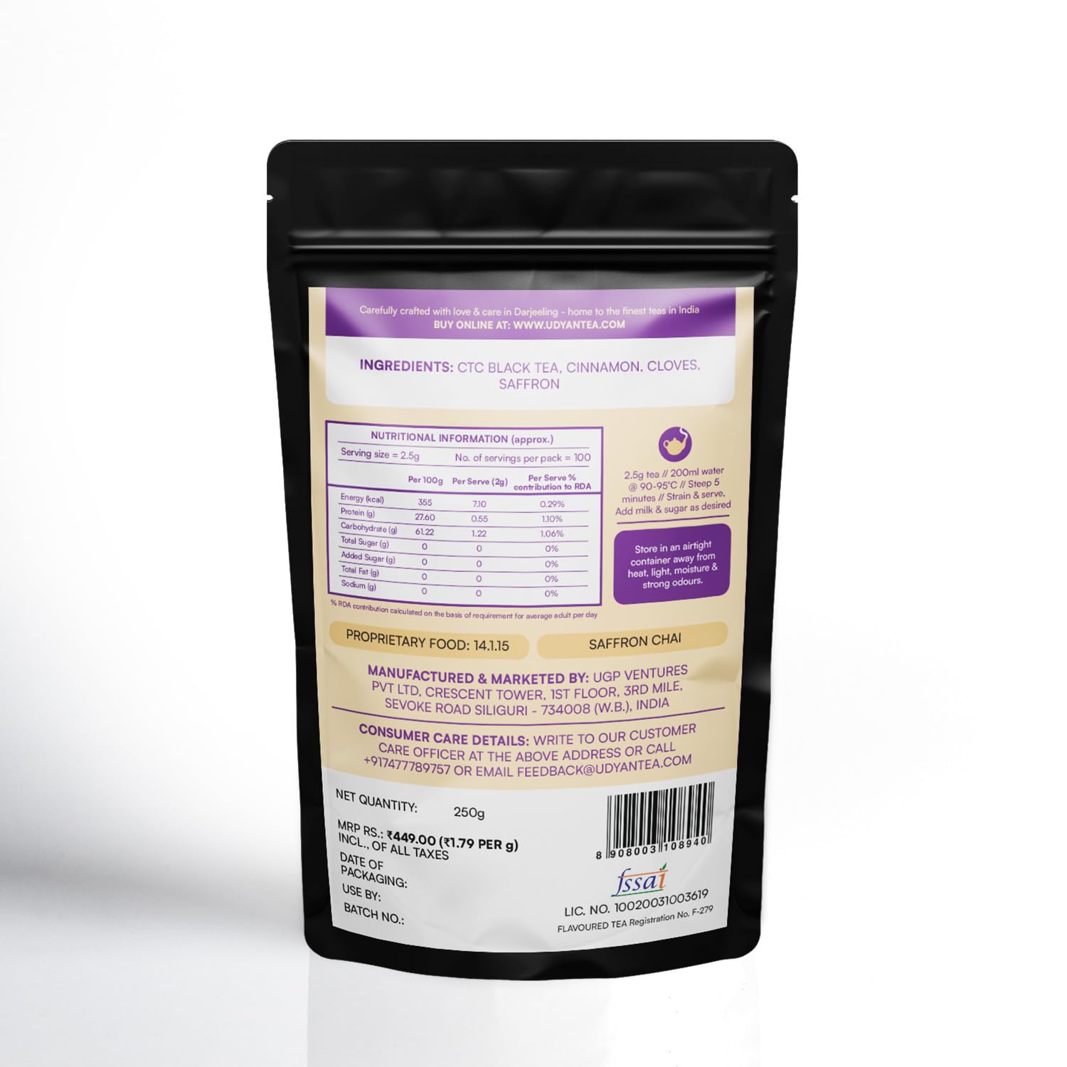 Udyan Tea Saffron Chai - 250gm, 8.8 Ounce | Premium Whole Leaf CTC Tea With Saffron & Natural Spices - Traditional Indian Spice Chai Latte | High Caffeine Tea Leaf