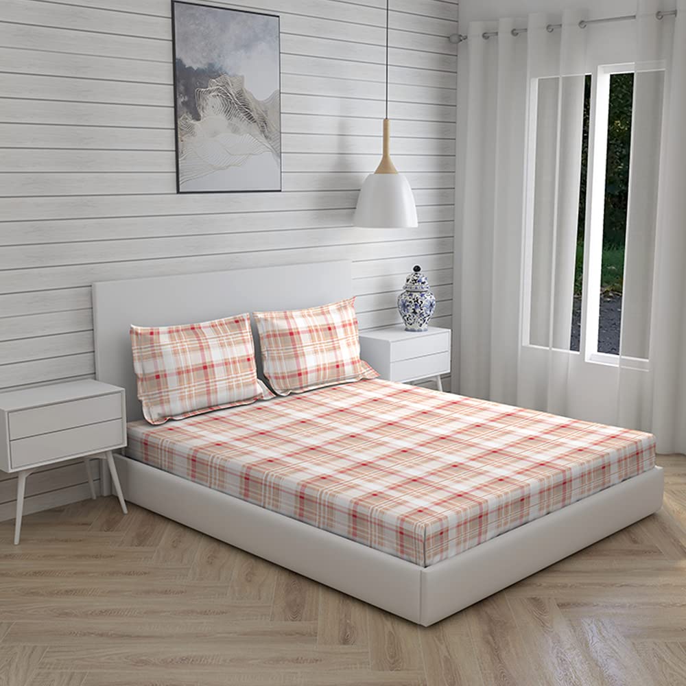 100% Cotton King Size Double Bedsheet Set With 2 Pillow Covers - 107 X 107 Inches, White & Red | Good For Villas, Resorts, Guest Houses, & Daily Home Use