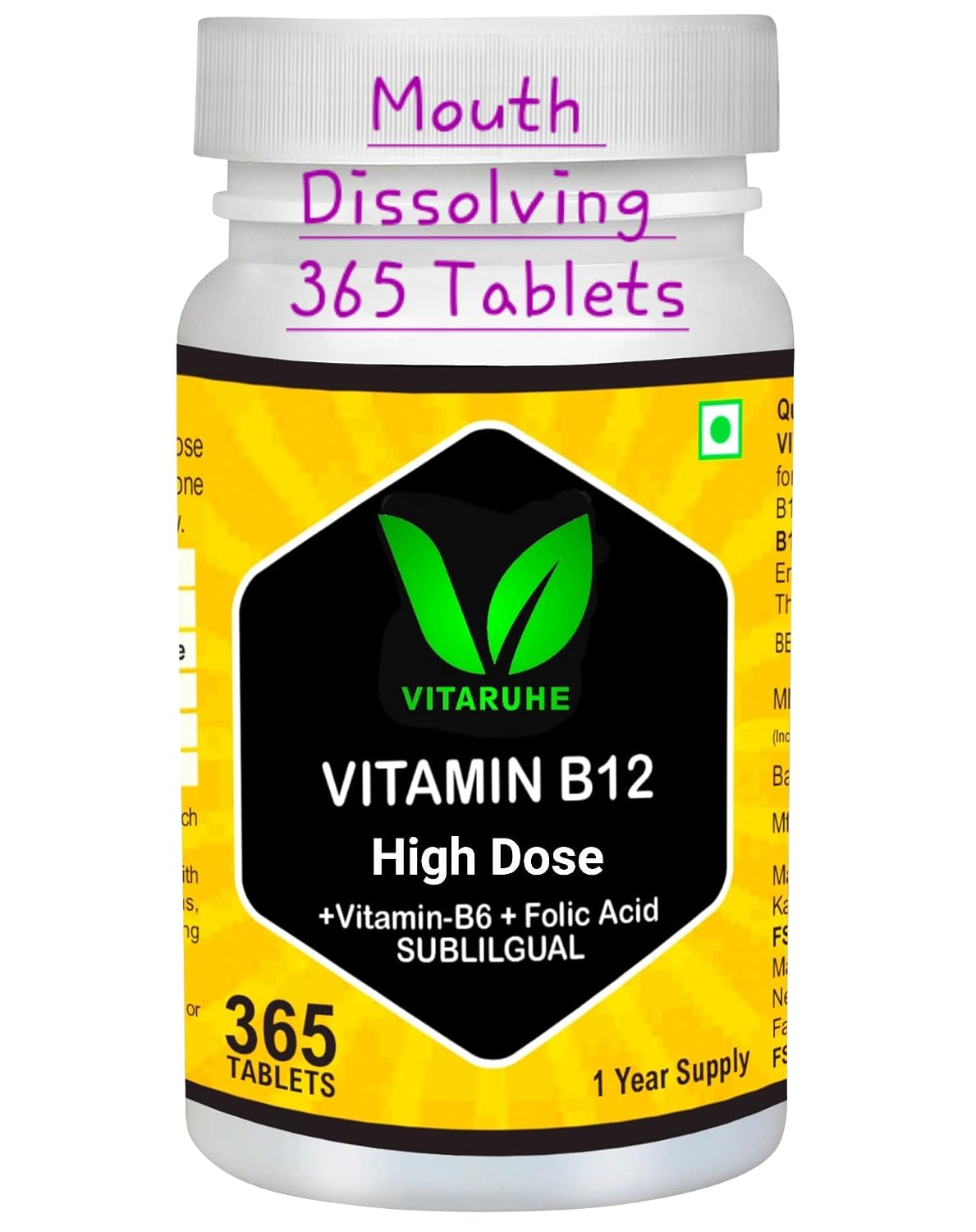 Vitaruhe Vitamin B12 High Dose+ B6 / Folic Acid, Methylcobalamin & Sublingual For Maximum Effects, Vegan | 365 Tablets , 300gm 0.66lbs