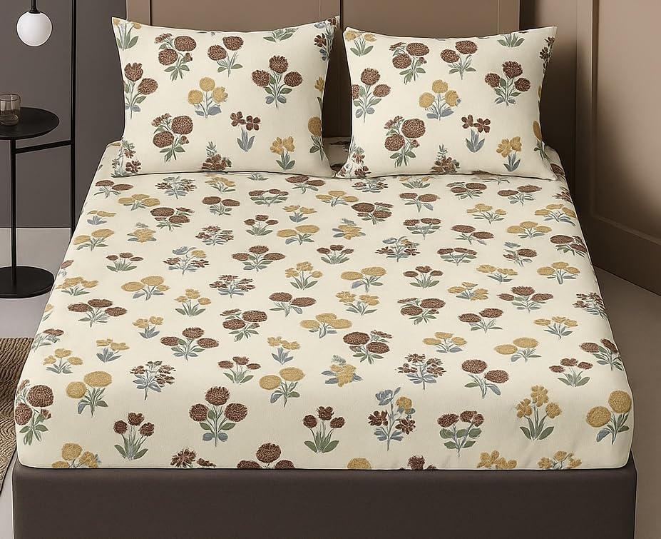 1 Bedsheet For Double Bed With 2 Pillow Covers - 90 X 100 Inches, Beige | Premium Cotton Material Double Bedsheet Queen Size | Skin Friendly & Long Lasting