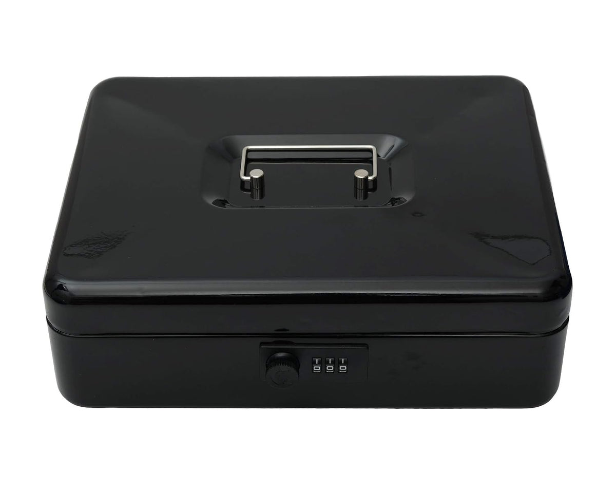 Metal Cash Box With Number Combination Lock, Size - Large, Colour - Black, Material - Iron, Special Feature - Removable Tray