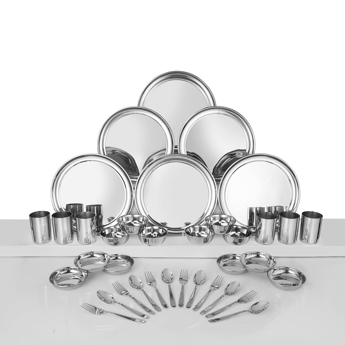 Stainless Steel Shagun Solid Dinner Set Of 36 Pcs, Silver | 6 Dinner Plates+ 6 Bidding Bowls+ 6 Pudding Bowls+ 6 Glasses+ 6 Dinner Spoons+ 6 Dinner Forks - Dishwasher Safe