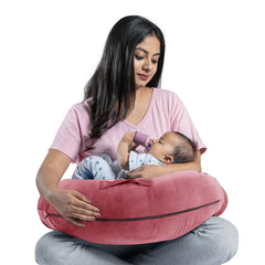 Feeding Pillow For New Born Baby, 5 In 1 Multipurpose Use, Nursing Pillow - Pink | Pillow With Belt And Hoop For Breastfeeding With Velvet Removable Cover | For Reading, Resting Pillow