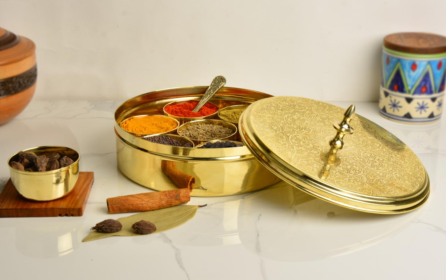 Premium Pure Brass Floral Etched Indian Spice Box For Kitchen With Spoon - 7 Containers, 120ml Each, Golden Color | Diameter - 8 Inches, Weight - 960gm | Peetal Masala Dani, Masala Dabba