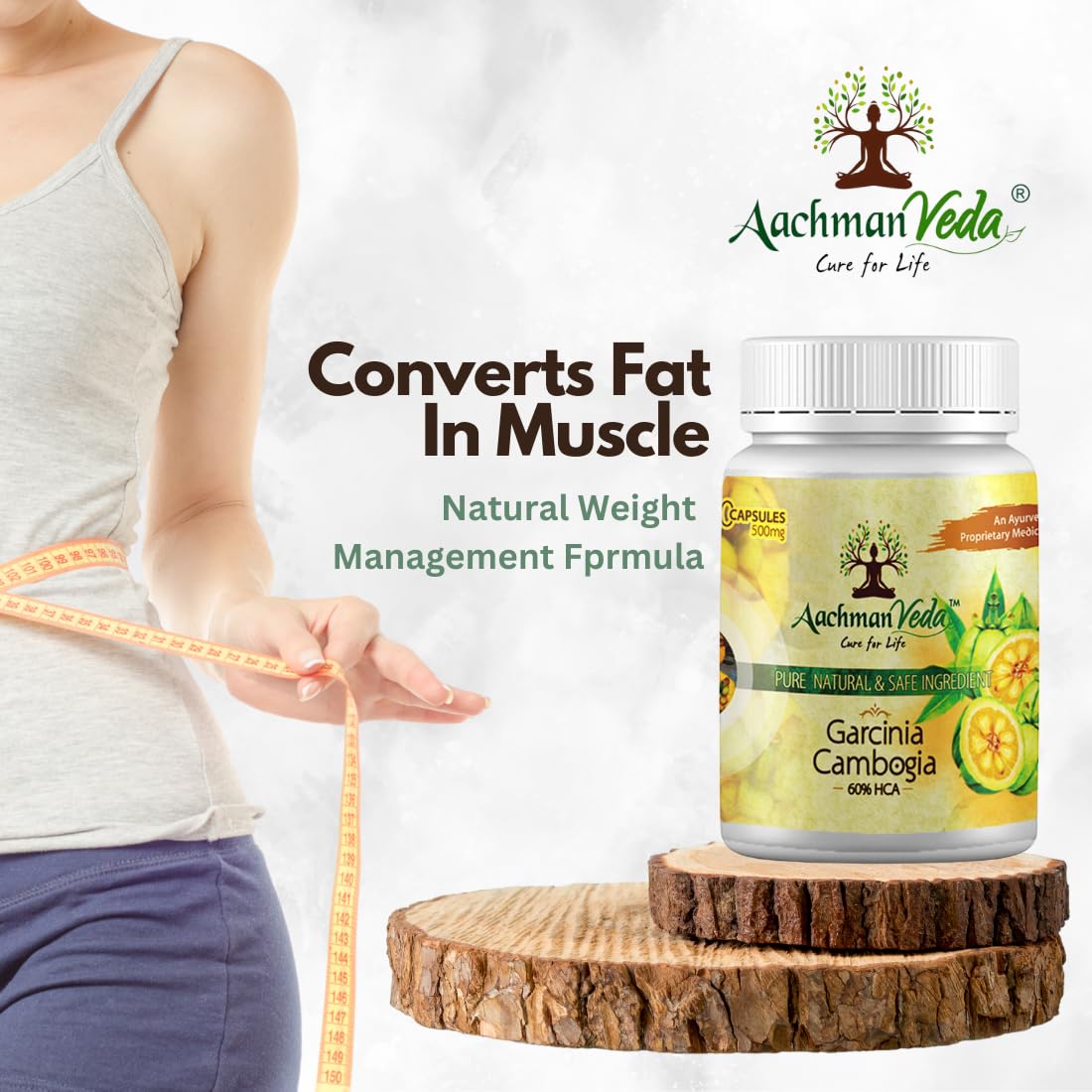 Aachman Veda Garcinia Cambogia With 60% Hca For Men & Women, Natural Extract Formulation & Support Metabolism, Help To Prevent Easy Formation Of Fats | 60 Capsules 100gm 0.2lbs