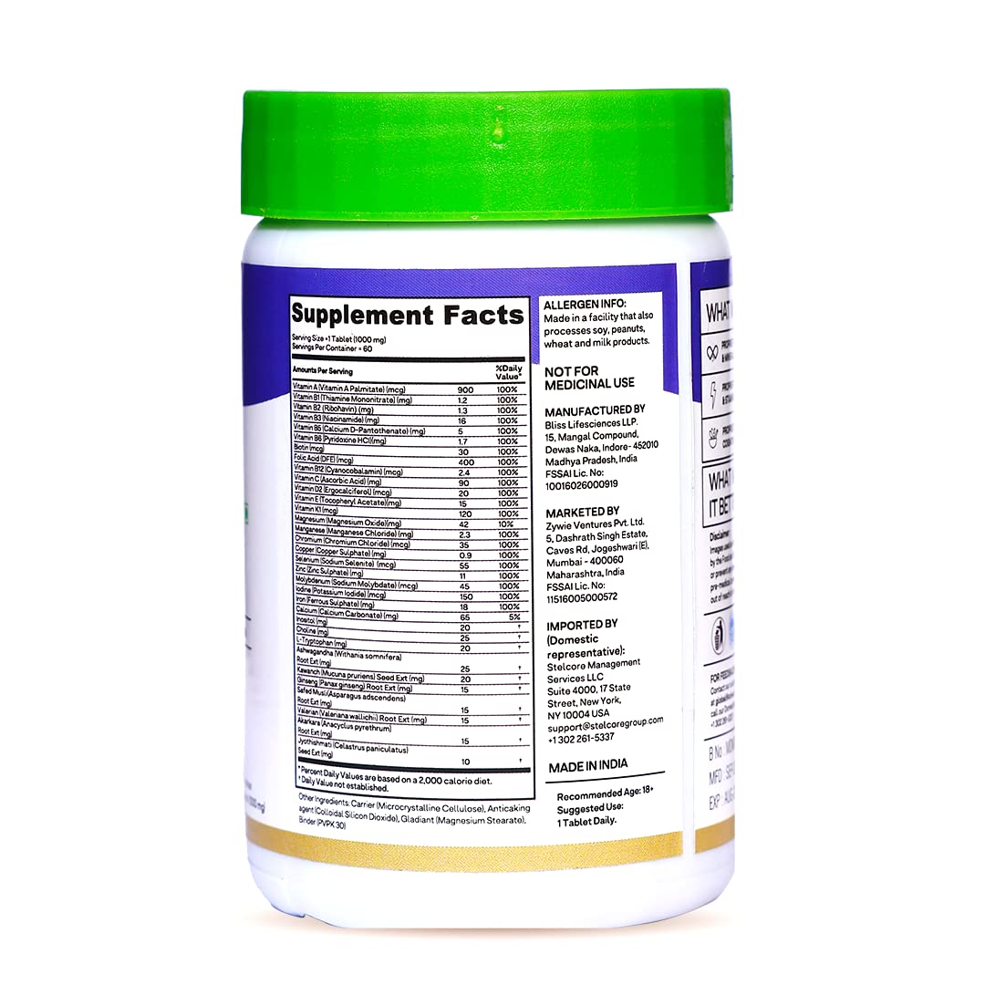 Oziva Natural Multivitamin For Men With Ashwagandha, Akarkara & Choline For Daily Stamina Strength & Energy | 60 Vegetarian Tablets , 100gm 0.2lbs