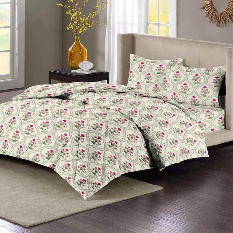 1 Double Bedsheet & 2 Pillow Covers With 1 Comforter Set - 90 X 100 Inches, Almond & Pink | Super Soft Glace Cotton King Size - 4 Pcs Bedding Set | Perfect Gifts Set Wedding, Anniversary
