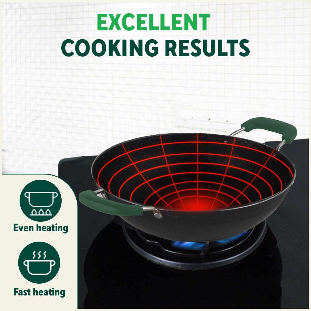 Pre-Seasoned Black Iron Kadai With Silicon Grip - Medium, 25.5 Cm, 10 Inch, 2 Liters, 1.08 Kg | Induction Friendly, Flat Base Iron Kadhai, 100% Pure & Toxin-Free, No Chemical Coating