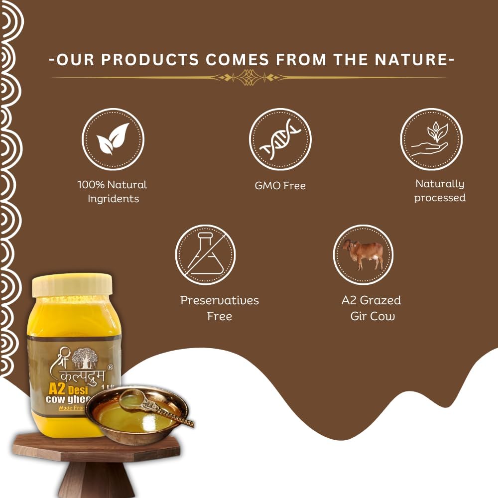 Pure Organic A2 Desi Cow Ghee By Shree Kalpadruma | Pure Cow Ghee For Better Digestion & Immunity | (1 Litre) 33.8 | Jar Pack