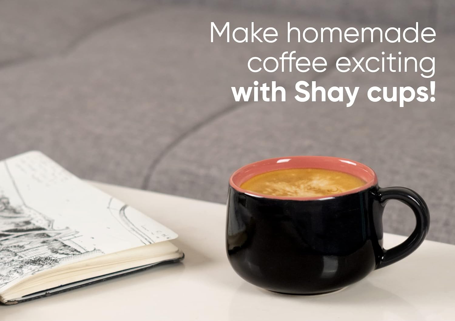 Ceramic Medium Cup Set Of 2 - Black & Pink, 320ml Each | Cup Set Of 2 For Coffee & Tea With Glossy Finish - Premium Stoneware Ceramic Cup | Microwave Safe & Dishwasher Safe