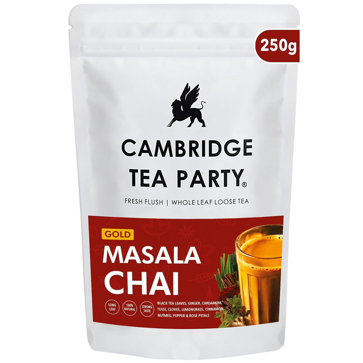 Cambridge Tea Party Gold Masala Chai - 250gm, 8.8 Ounce | 8 Spices CTC Chai Patti Tea Powder - Fresh Flush Whole Leaf Loose Tea | Caffeine Free