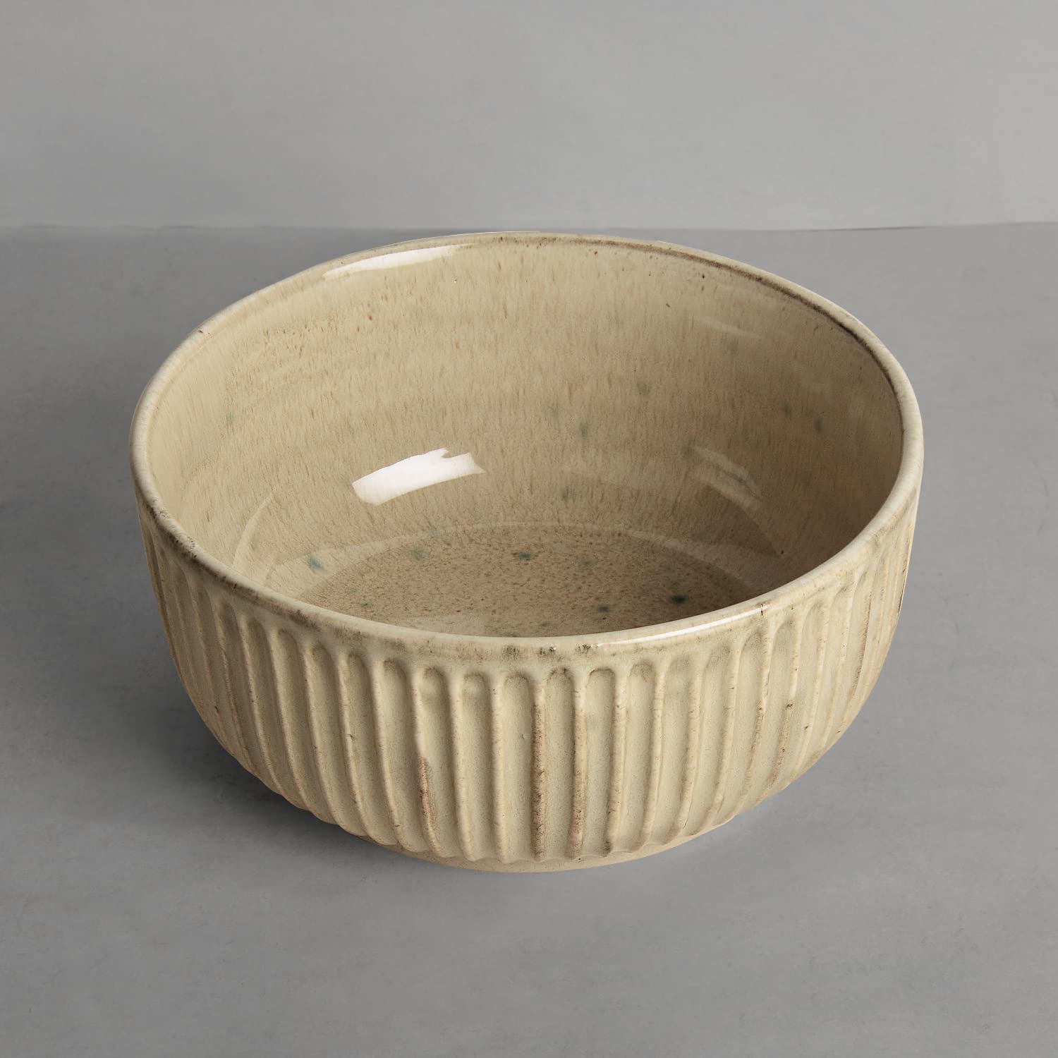 Studio Pottery Ribbed Ceramic Serving Bowl - Ivory, Diameter : 7 Inches, 1500ml | Rice & Salad Bowl, Snack Bowl - Vegetable & Pasta Serving Bowl