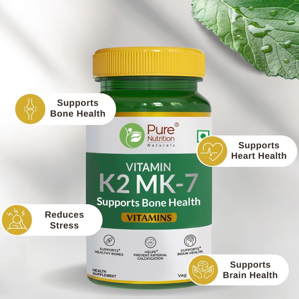 Pure Nutrition Vitamin K2 Mk-7 Supplement For Bone Health | Support Cardiovascular Wellness & Brain Health | 60 Veg Tablets , 100gm 0.2lbs